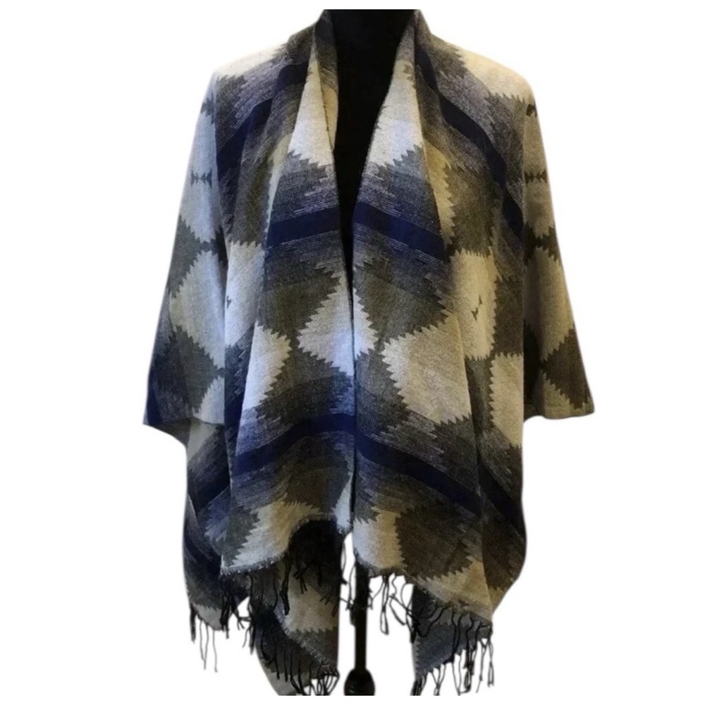 BP Aztec Western Geometric Poncho Wrap Women OS Blue Grey NWOT